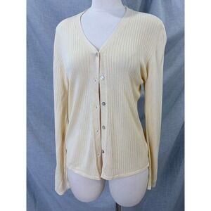 Vintage Glenora Cream 100% Silk Ribbed V-Neck Button Front Women's Cardigan L